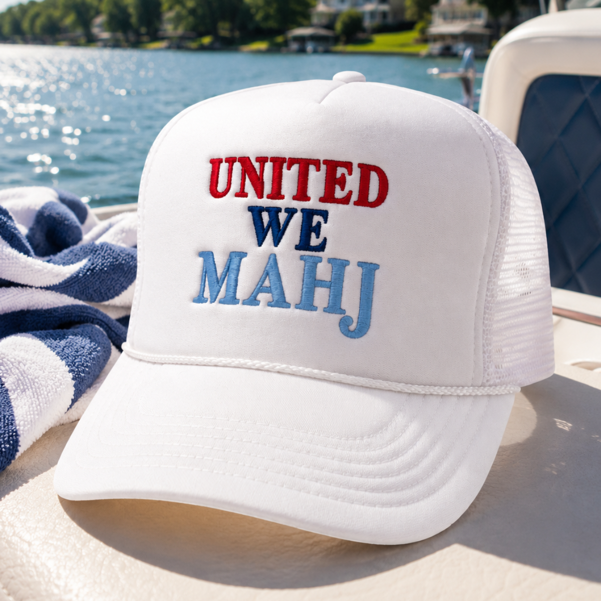 MAhj Mom blue hat with embroidered light blue text on a white background with 2 mahjong tiles stacked to the left side